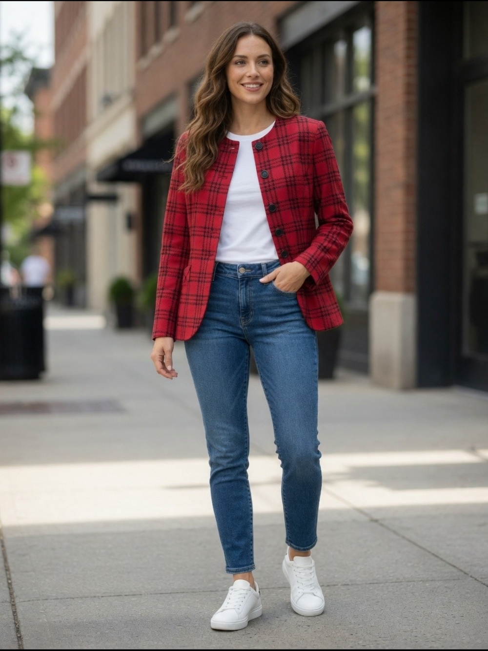 Red Plaid Collarless Blazer - Women's Tailored Jacket